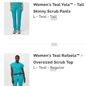 FIGS - Teal Women's Scrub Set (Large Rafaela Top and Large Tall Yola Pants)